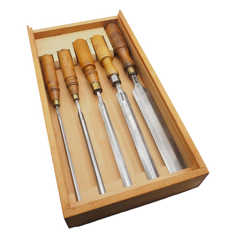 Wonderful Boxed Set of 5 Bevel-Edged Paring Chisels