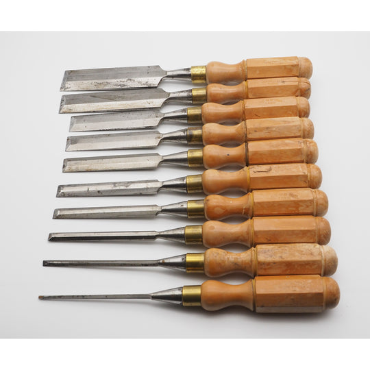 Superb Set of 10 Bevel-Edged Chisels by Ashley Iles