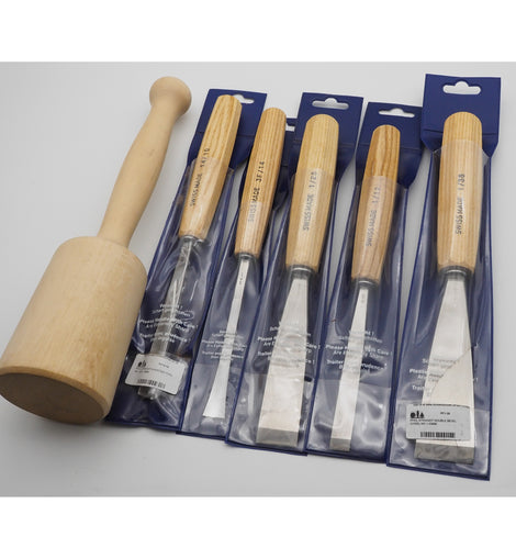 5 Unused Pfiel Carving Chisels & a Mallet