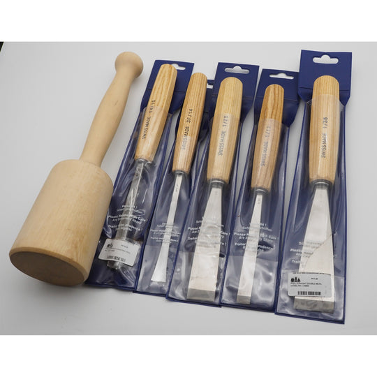 5 Unused Pfiel Carving Chisels & a Mallet