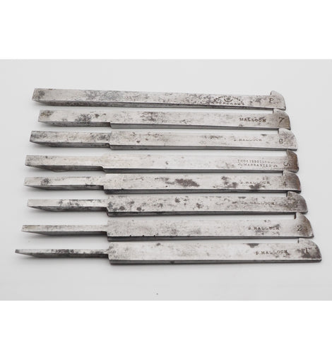 Fine Set of 8 Plow Plane Iron Mainly by D. Malloch of Perth