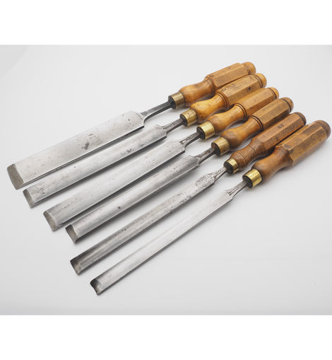 Superb set of 6 Long Bladed Paring Gouges